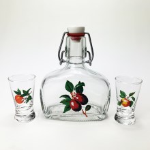 Setti 1x lasi pullo ja 2x shottilasi läpinäkyvä hedelmäkuviolla