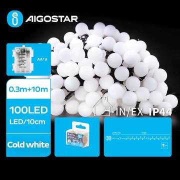 Aigostar - LED-ulkojouluketju 100xLED/3xAA/8 toiminnot 10,3 m IP44 kylmänvalkoinen