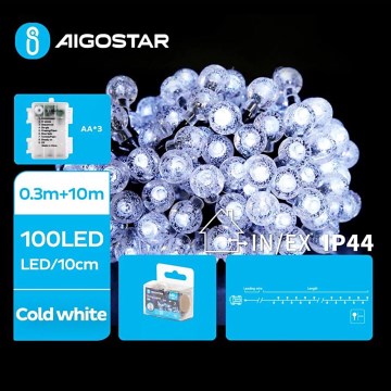 Aigostar - LED-ulkojouluketju 100xLED/3xAA/8 toiminnot 10,3 m IP44 kylmänvalkoinen