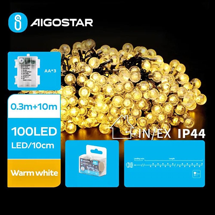 Aigostar - LED-ulkojouluketju 100xLED/3xAA/8 toiminnot 10,3 m IP44 lämpimänvalkoinen