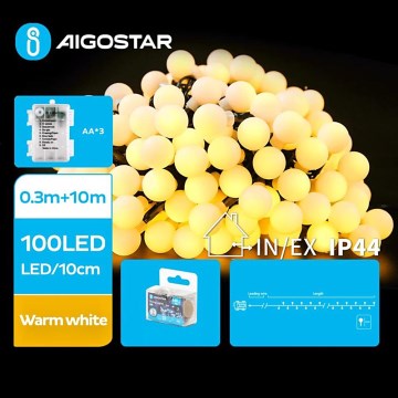 Aigostar - LED-ulkojouluketju 100xLED/3xAA/8 toiminnot 10,3 m IP44 lämpimänvalkoinen