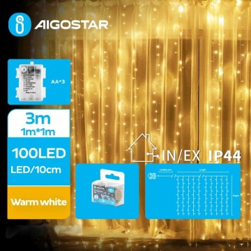 Aigostar - LED-ulkojouluketju 100xLED/8 toiminnot 3xAA 4x1m IP44 lämpimänvalkoinen