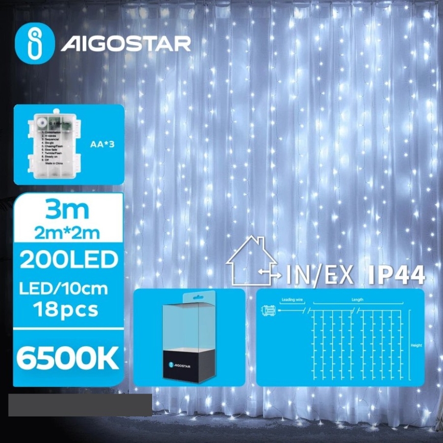 Aigostar - LED-ulkojouluketju 200xLED/8 toiminnot 3xAA 5x2m IP44 kylmänvalkoinen