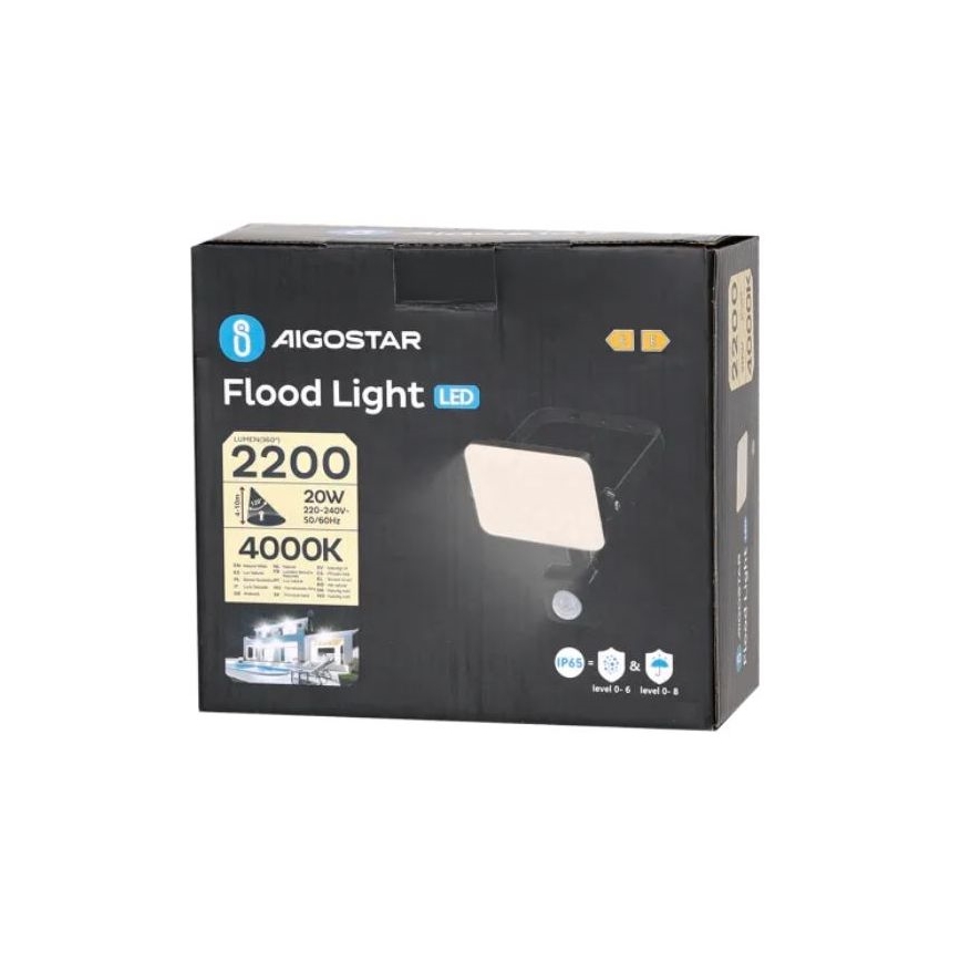 Aigostar - LED-valonheitin anturilla LED/20W/230V 4000K IP65 musta