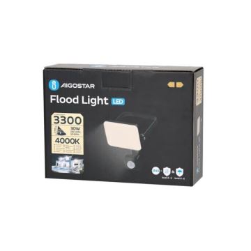 Aigostar - LED-valonheitin anturilla LED/30W/230V 4000K IP65 musta