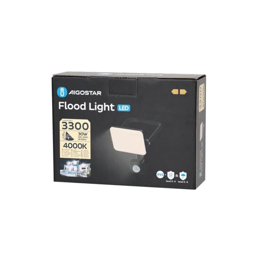 Aigostar - LED-valonheitin anturilla LED/30W/230V 4000K IP65 musta