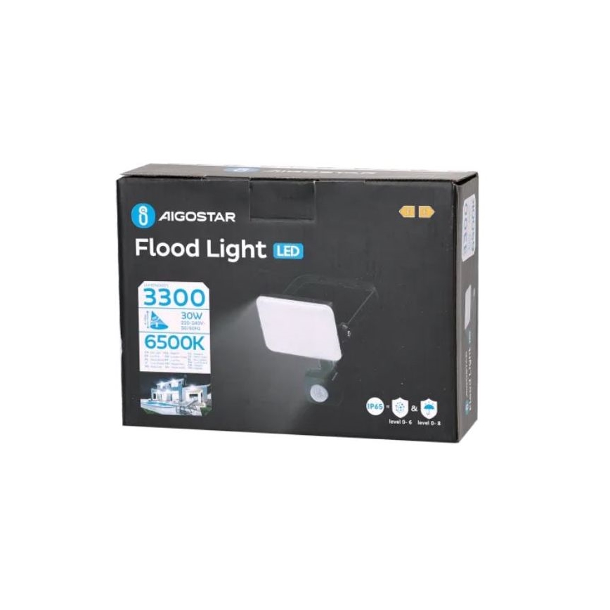 Aigostar - LED-valonheitin anturilla LED/30W/230V 6500K IP65 musta