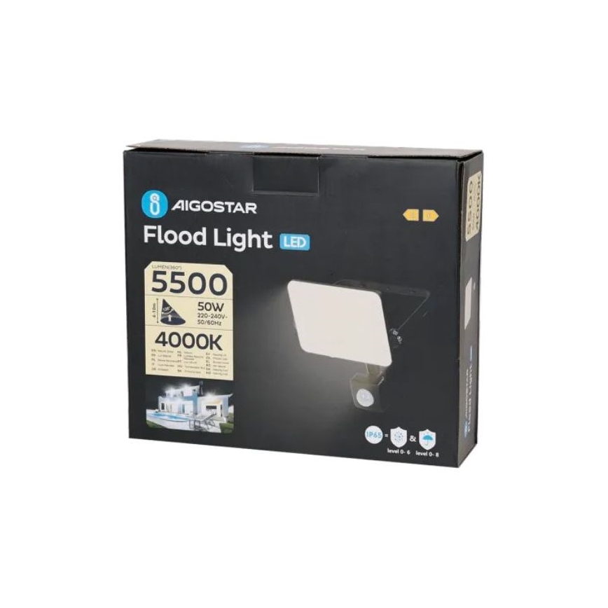 Aigostar - LED-valonheitin anturilla LED/50W/230V 4000K IP65 musta