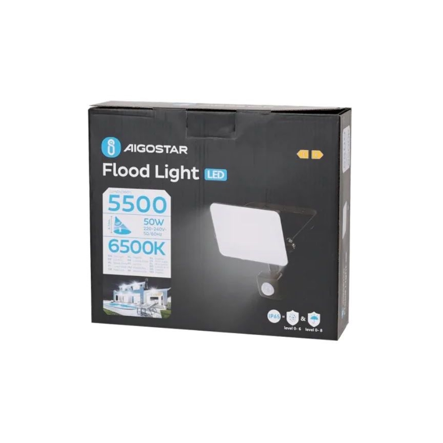 Aigostar - LED-valonheitin anturilla LED/50W/230V 6500K IP65 musta