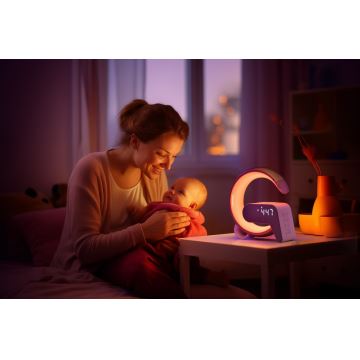 LED RGB Himmennettävä pöytävalaisin kanssa Herätyskello ja Qi lataus 30W/230V kulta