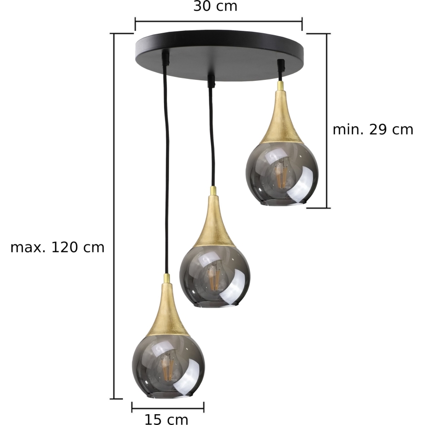 Kattokruunu johdossa LACRIMA SMOKY 3xE27/60W/230V halkaisija 30 cm