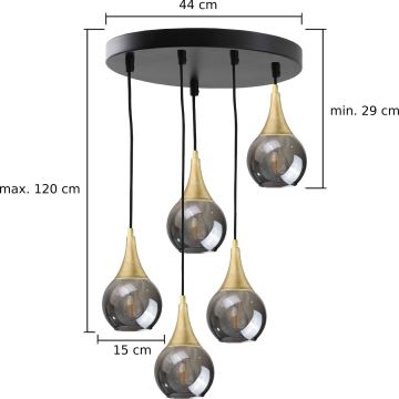 Kattokruunu johdossa LACRIMA SMOKY 5xE27/60W/230V halkaisija 45 cm