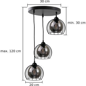 Kattokruunu johdossa SOLO BLACK 3xE27/60W/230V halkaisija 30 cm