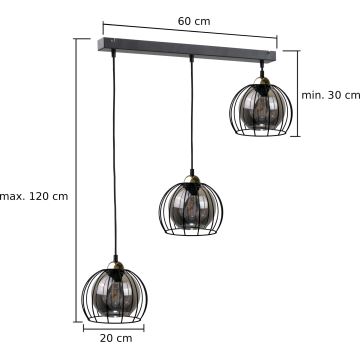 Kattokruunu johdossa SOLO BLACK 3xE27/60W/230V musta/kultainen