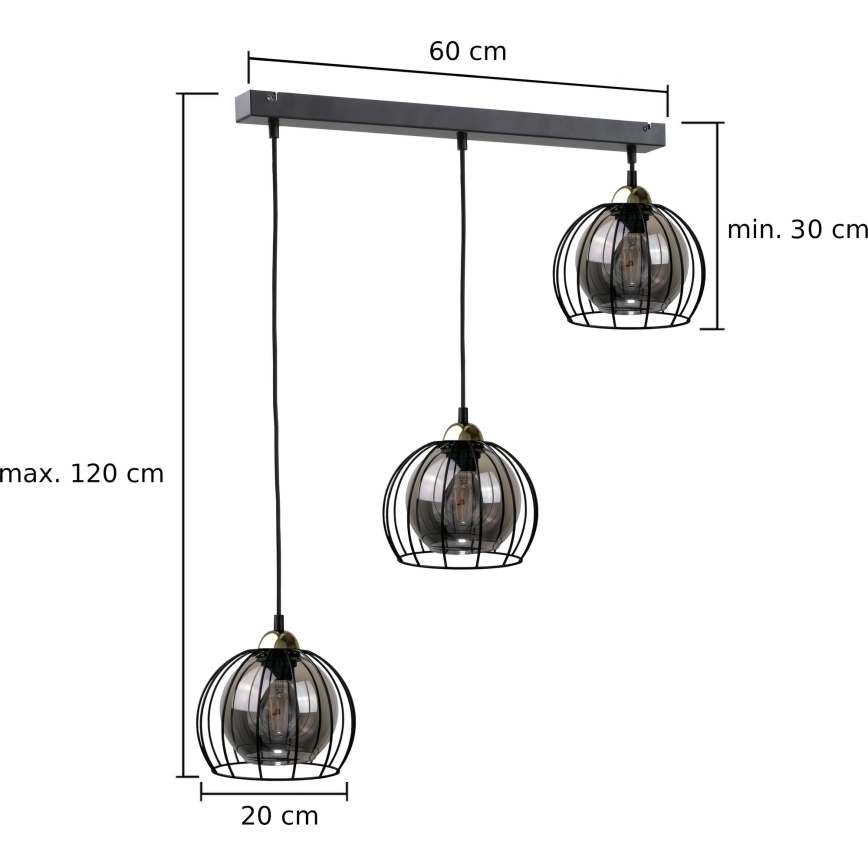 Kattokruunu johdossa SOLO BLACK 3xE27/60W/230V musta/kultainen