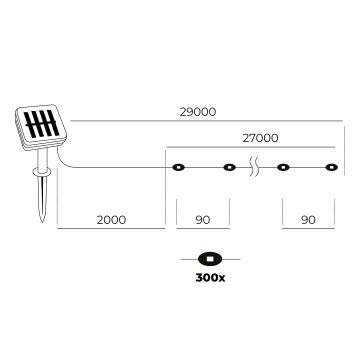 LED - Aurinkokennoketju 300xLED/0,12W/1,2V 1xAA 27 m IP44 3000K