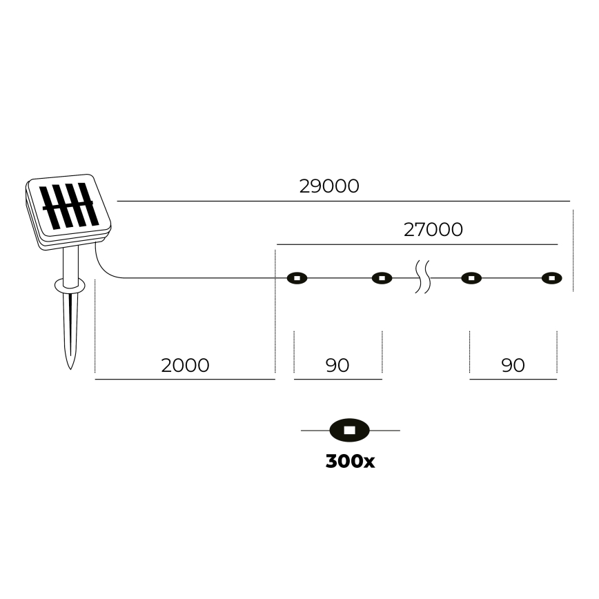 LED - Aurinkokennoketju 300xLED/0,12W/1,2V 1xAA 27 m IP44 3000K