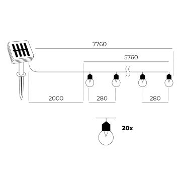 LED - Solar ketju 20xLED/0,12W/1,2V 1xAA IP44 3000K