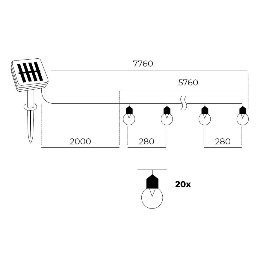 LED - Solar ketju 20xLED/0,12W/1,2V 1xAA IP44 3000K