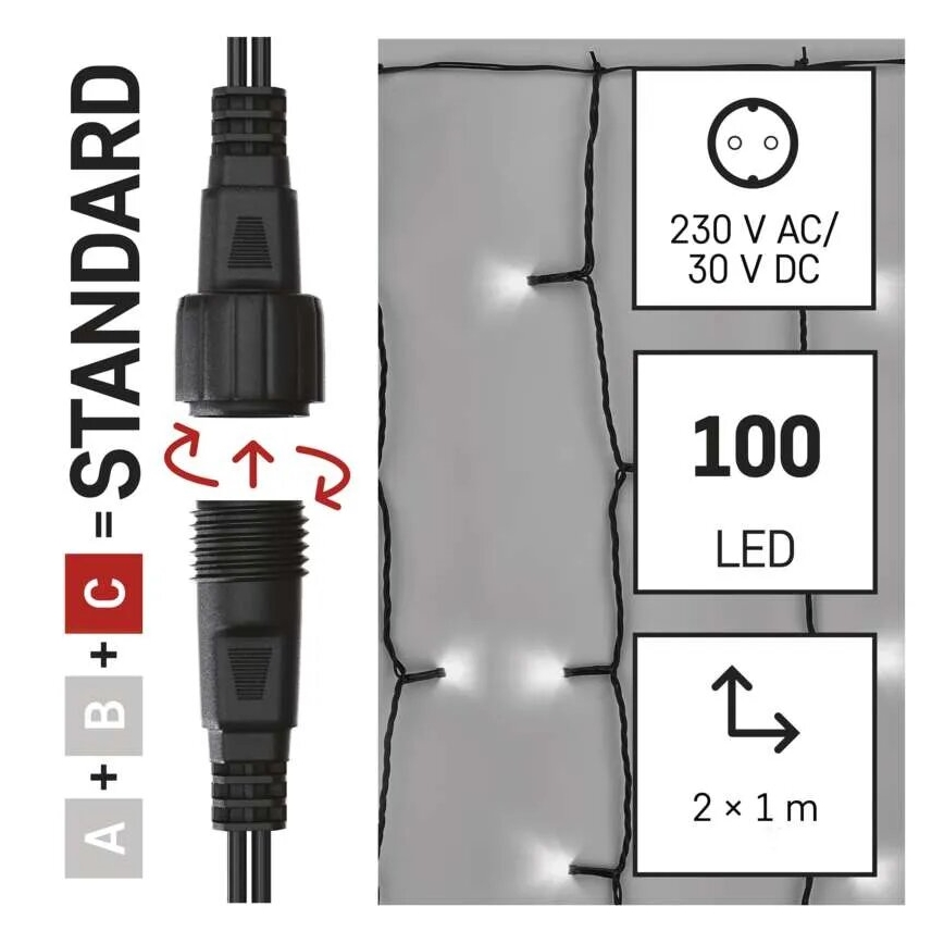 LED-ulkojouluketju 100xLED/1x2m IP44 kylmänvalkoinen