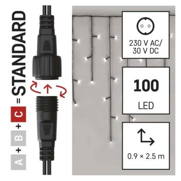 LED-ulkojouluketju 100xLED/2,5x0,9m IP44 kylmänvalkoinen