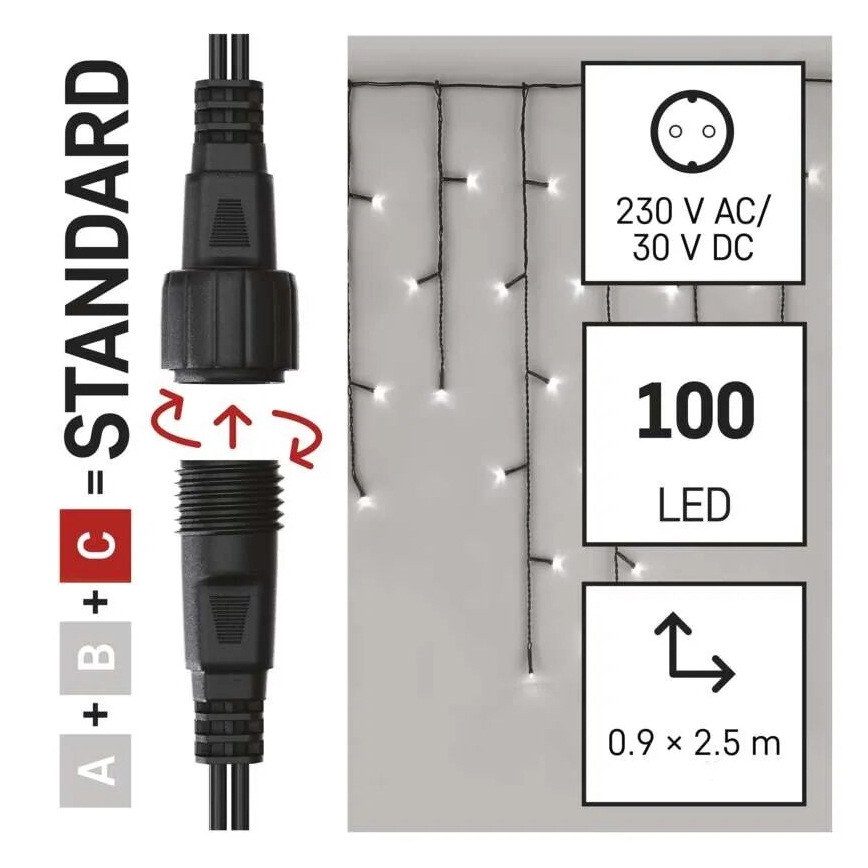 LED-ulkojouluketju 100xLED/2,5x0,9m IP44 kylmänvalkoinen