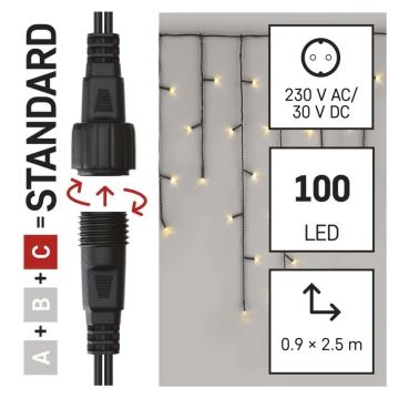 LED-ulkojouluketju 100xLED/2,5x0,9m IP44 lämpimänvalkoinen