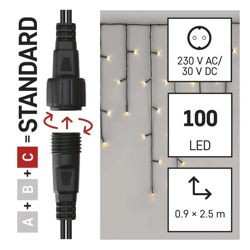 LED-ulkojouluketju 100xLED/2,5x0,9m IP44 lämpimänvalkoinen