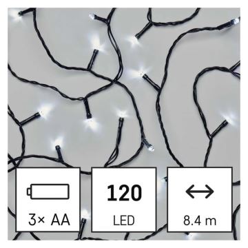 LED-ulkojouluketju 120xLED/3xAA 8,9m IP44 kylmänvalkoinen