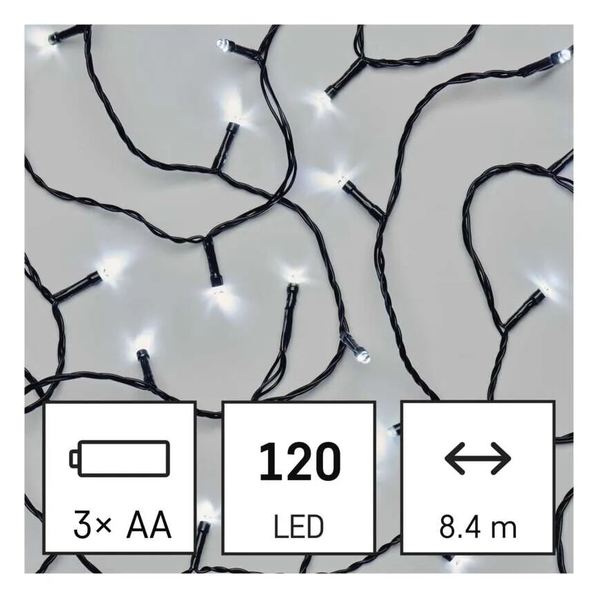 LED-ulkojouluketju 120xLED/3xAA 8,9m IP44 kylmänvalkoinen