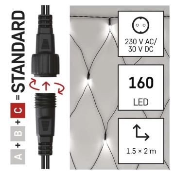 LED-ulkojouluketju 160xLED/2x1,5m IP44 kylmänvalkoinen