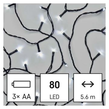 LED-ulkojouluketju 80xLED/3xAA 6,1m IP44 kylmänvalkoinen