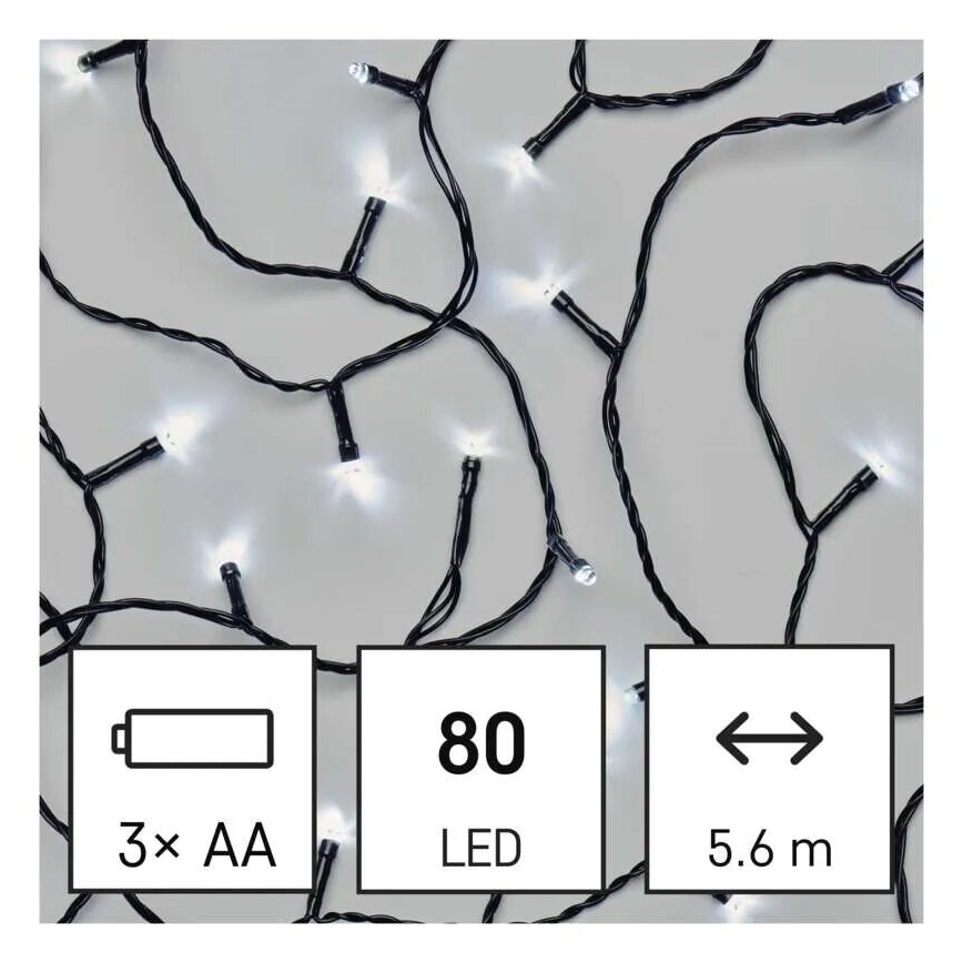 LED-ulkojouluketju 80xLED/3xAA 6,1m IP44 kylmänvalkoinen