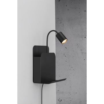 Nordlux - Seinäkohdevalo hyllyllä ja USB ROOMI 1xGU10/8W/230V musta