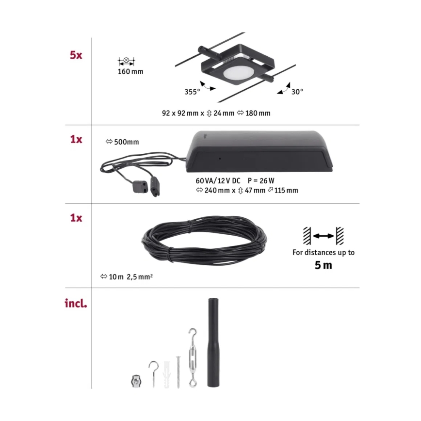 Paulmann 94424 - SETTI 5xLED/4,5W Kohdevalo johtosysteemiin MAC 230V