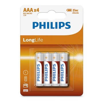 Philips R03L4B/10 - 4 kpl Sinkkikloridiakku AAA LONGLIFE 1,5V 450mAh