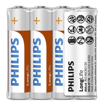 Philips R03L4F/10 - 4 kpl Sinkkikloridiakku AAA LONGLIFE 1,5V 450mAh