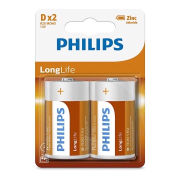 Philips R20L2B/10 - 2 kpl Sinkkikloridiakku D LONGLIFE 1,5V 5000mAh