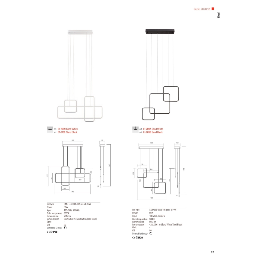 Redo 01-2098 - Himmennettävä LED-kattokruunu johdossa THAI LED/66W/230V 3000K musta