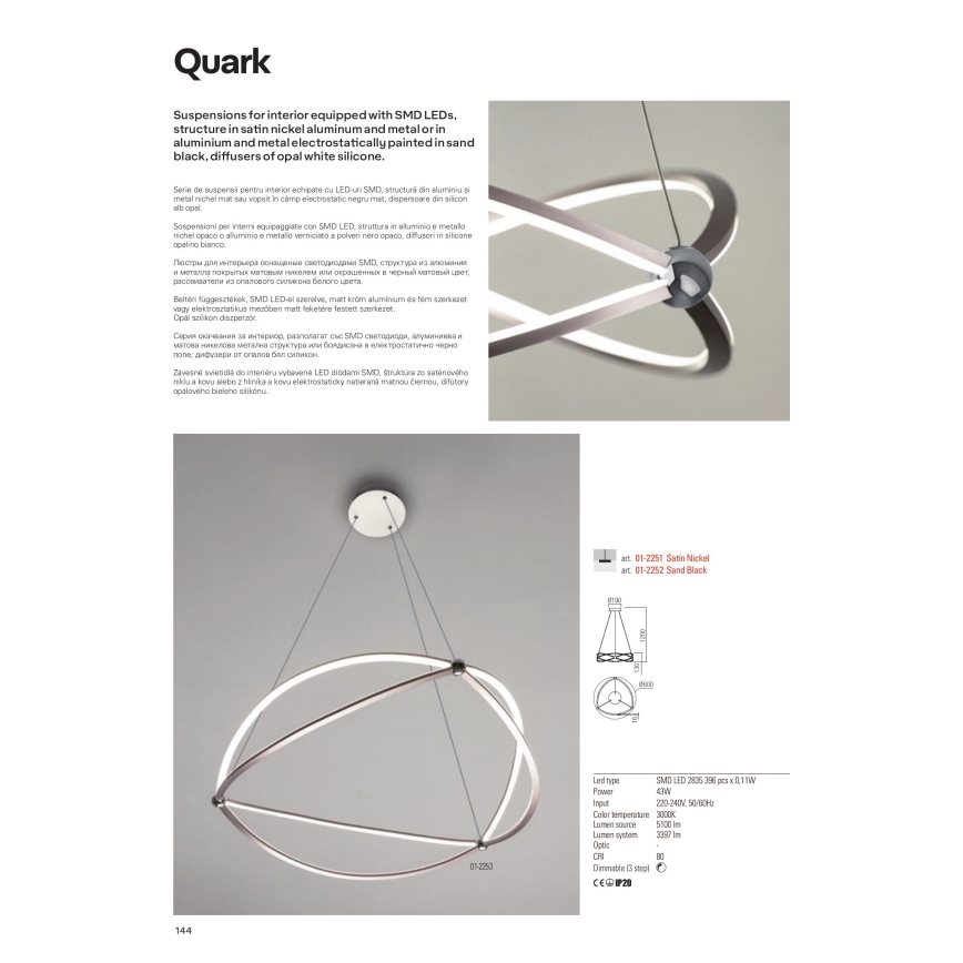 Redo 01-2254 - Himmennettävä LED-kattokruunu johdossa QUARK LED/54W/230V 3000K halkaisija 80 cm musta