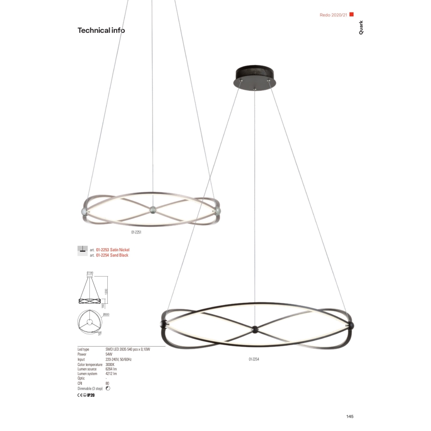 Redo 01-2254 - Himmennettävä LED-kattokruunu johdossa QUARK LED/54W/230V 3000K halkaisija 80 cm musta