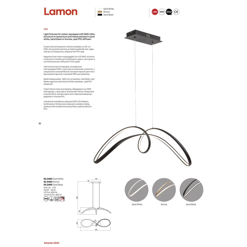 Redo 01-2454 - LED-kattokruunu johdossa LAMON LED/57W/230V kulta