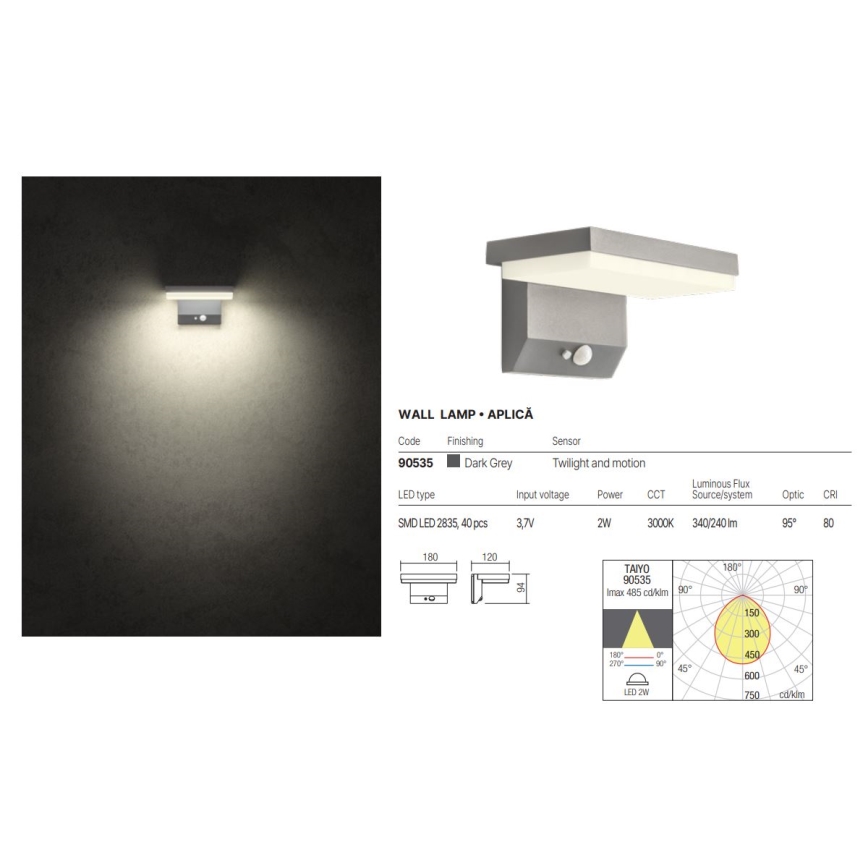 Redo 90535 - LED-seinäaurinkovalaisin anturilla TAIYO LED/2W/3,7V 3000K IP54 antrasiitti