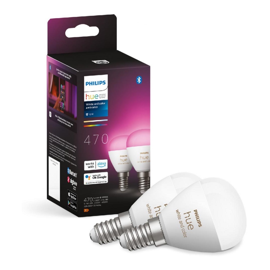 SETTI 2x LED RGBW Himmennettävä polttimo Philips Hue White And Color Ambiance P45 E14/5,1W/230V 2000-6500K
