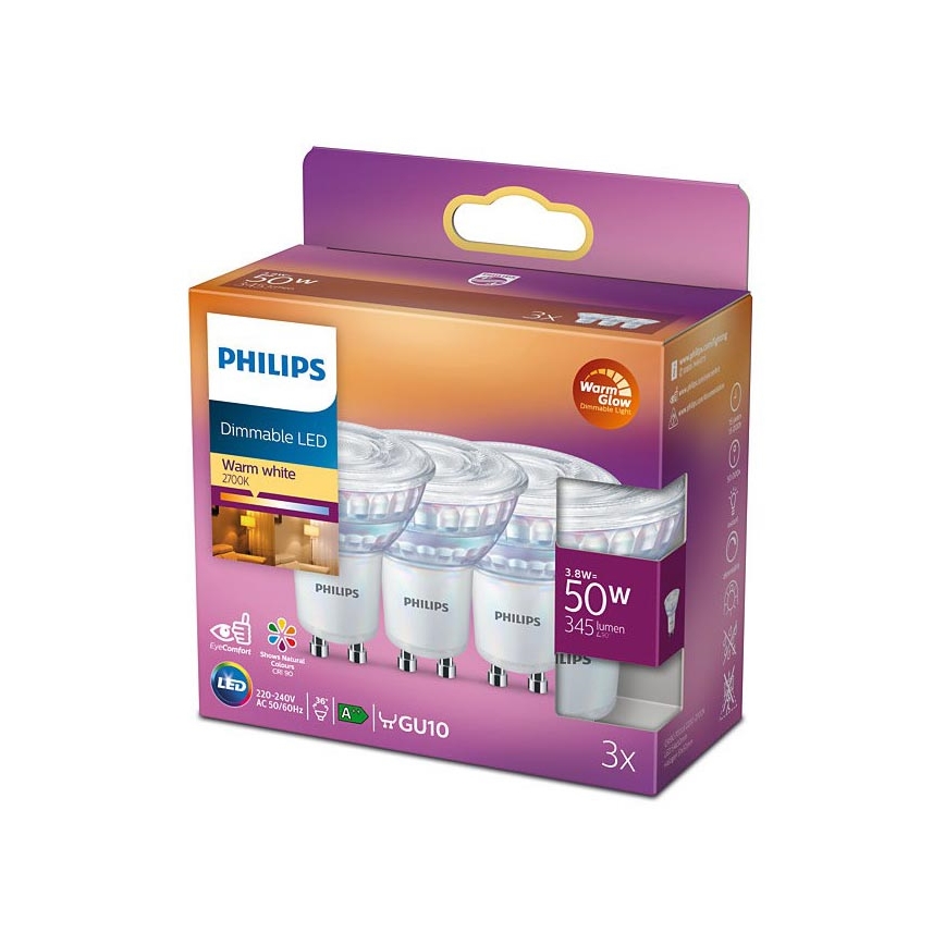 SETTI 3x LED Himmennettävä polttimo Philips Lämmin hehku GU10/3,8W/230V 2200-2700K CRI 90