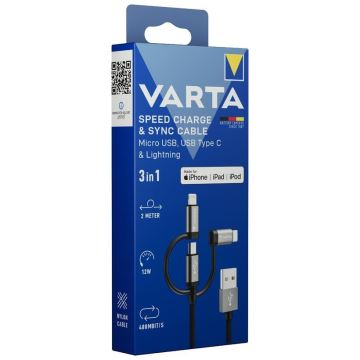 Varta 57937101111 - USB-kaapeli 3in1 Lightning ja Micro USB 2m