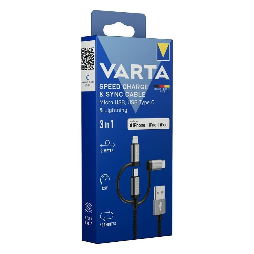 Varta 57937101111 - USB-kaapeli 3in1 Lightning ja Micro USB 2m